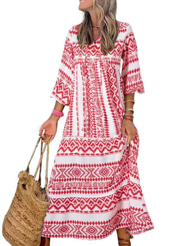 Abito Lungo Boho Floreale Con Maniche A Sbuffo Da Donna_Fucsia