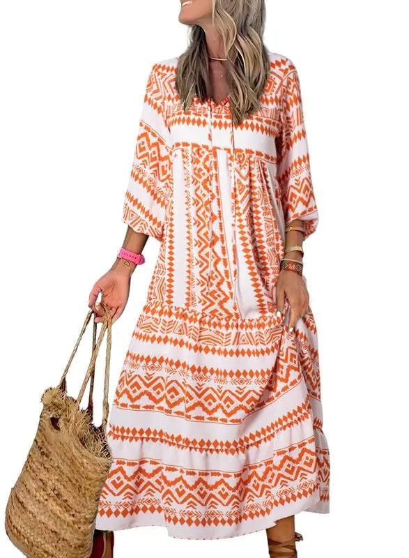 Arancione chiaro_Abito Lungo Boho Floreale Con Maniche A Sbuffo Da Donna