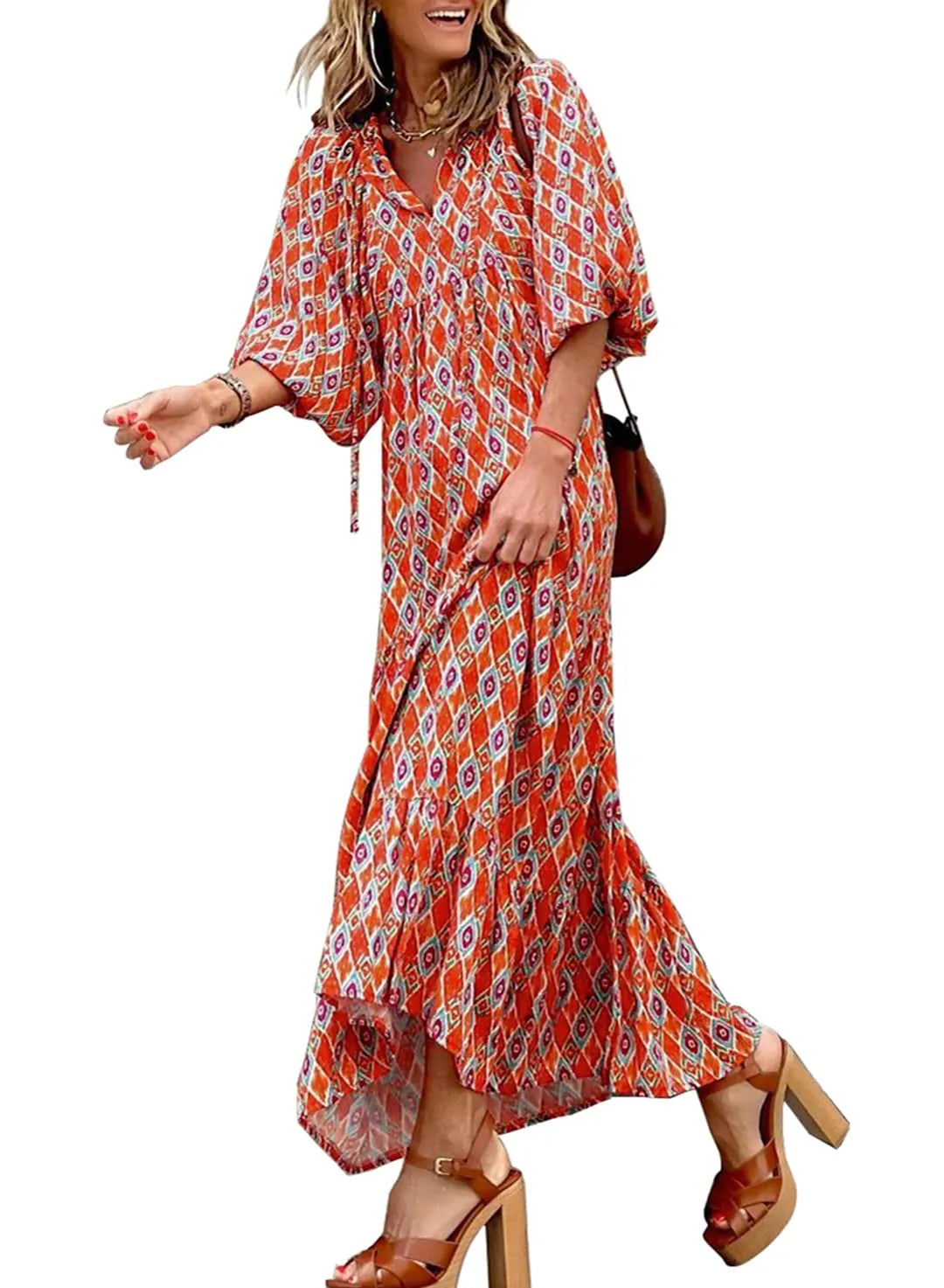 Arancione Abito Lungo Boho Floreale Con Maniche A Sbuffo Da Donna